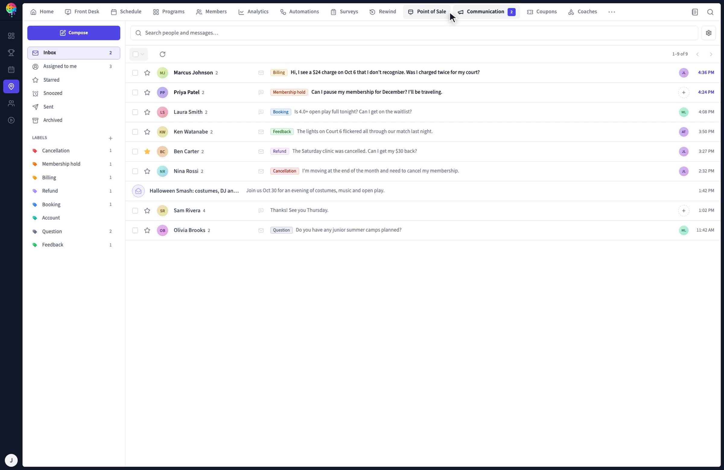 Fluid's shared inbox showing member conversations and staff messaging tools