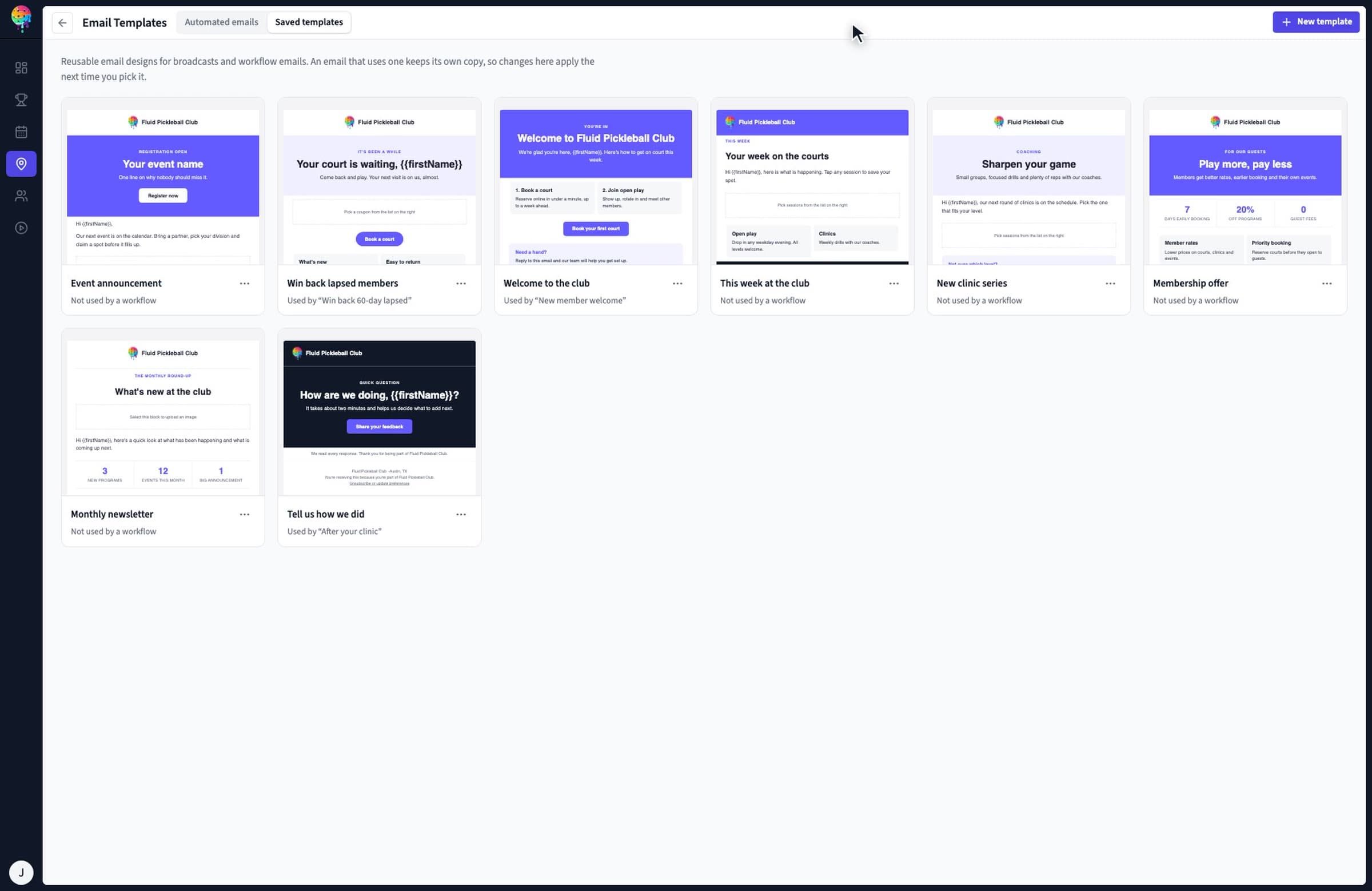 Fluid email builder with reusable club content blocks