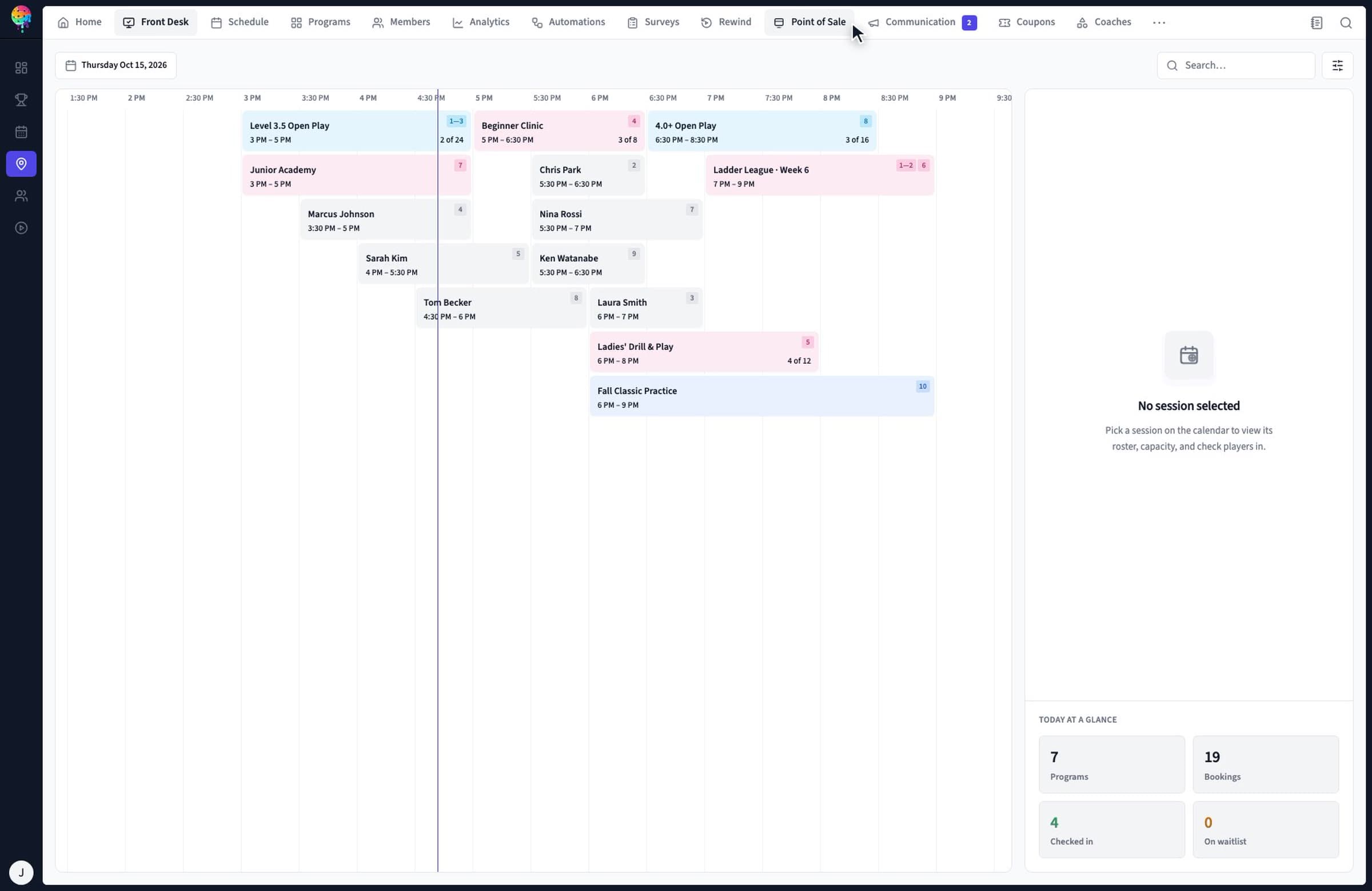 Fluid Front Desk showing the day's sessions and member check-ins
