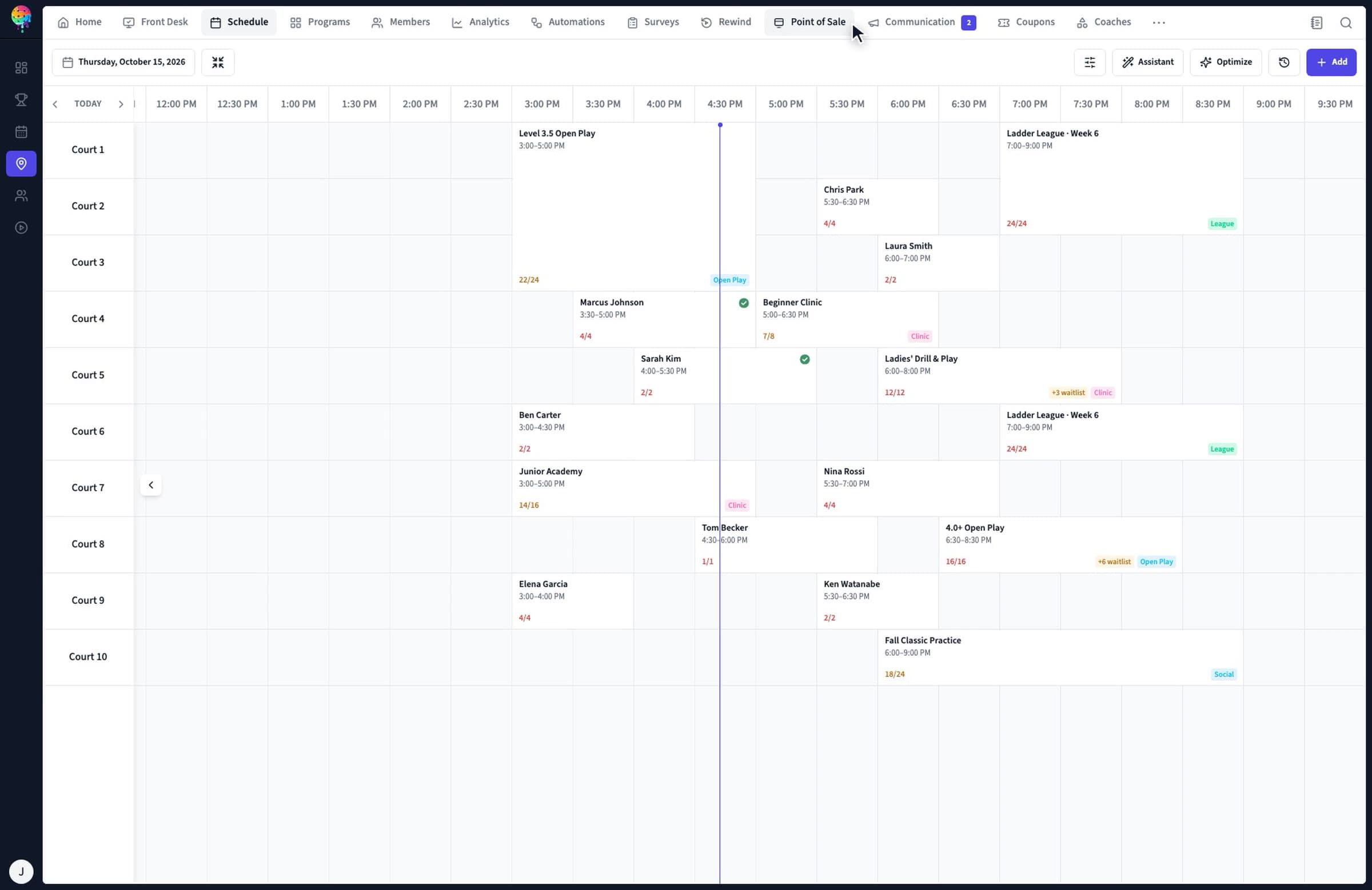 Fluid's daily court schedule showing reservations, open play sessions and sign-up counts