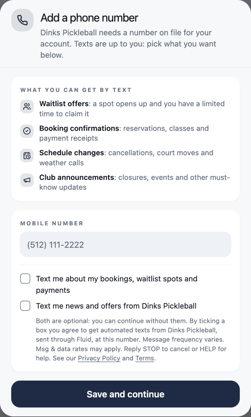 A club's Add a phone number screen with two unticked boxes: Text me about my bookings, waitlist spots and payments, and Text me news and offers from the club, followed by the text-message disclosure.