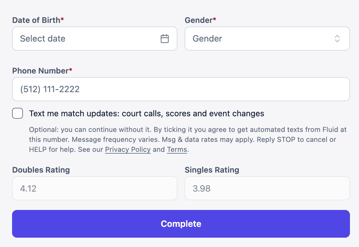 The tournament registration profile step with one unticked box: Text me match updates: court calls, scores and event changes, followed by the text-message disclosure.